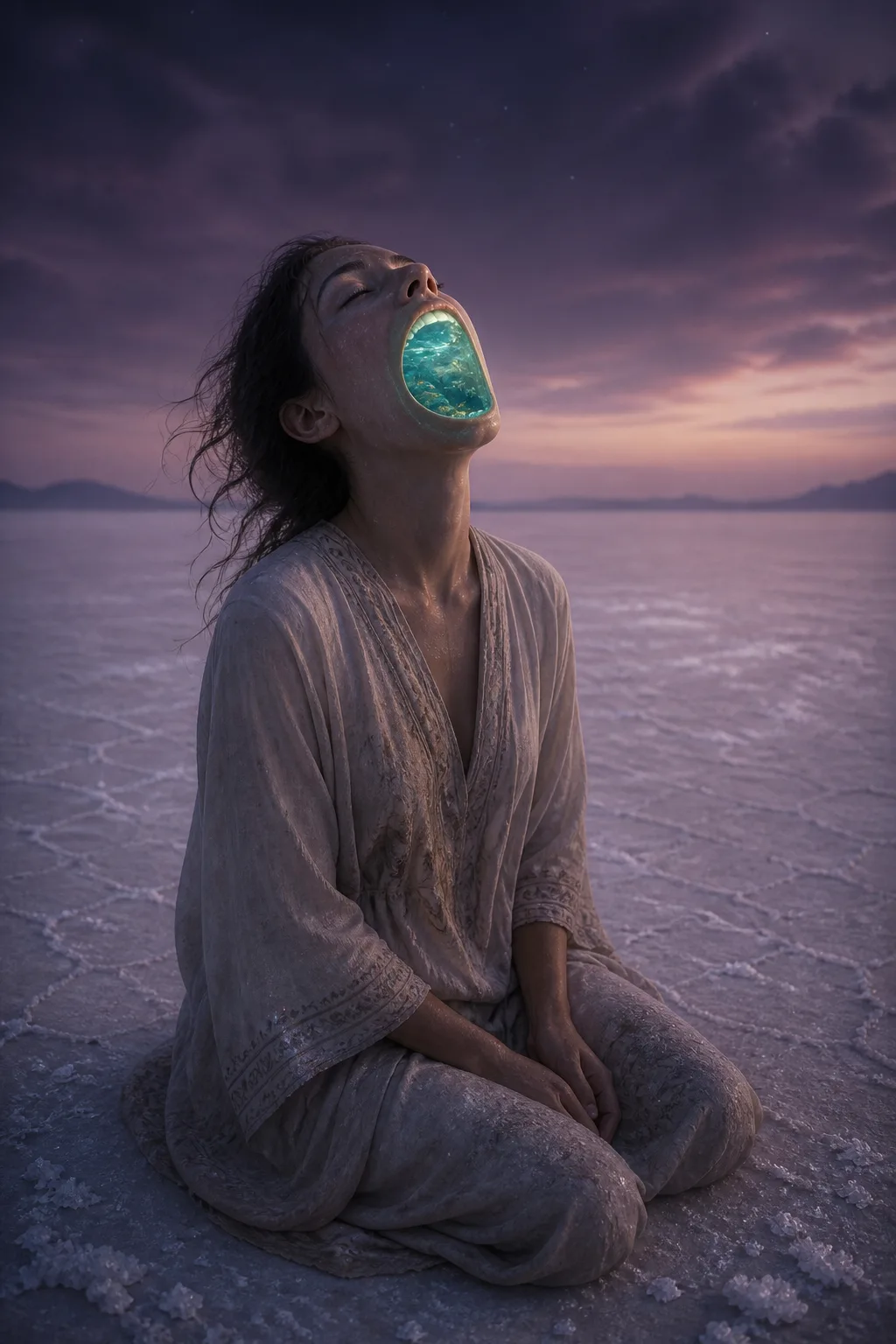 A surreal portrait-oriented scene: a lone figure kneeling on a vast pale salt desert under a …