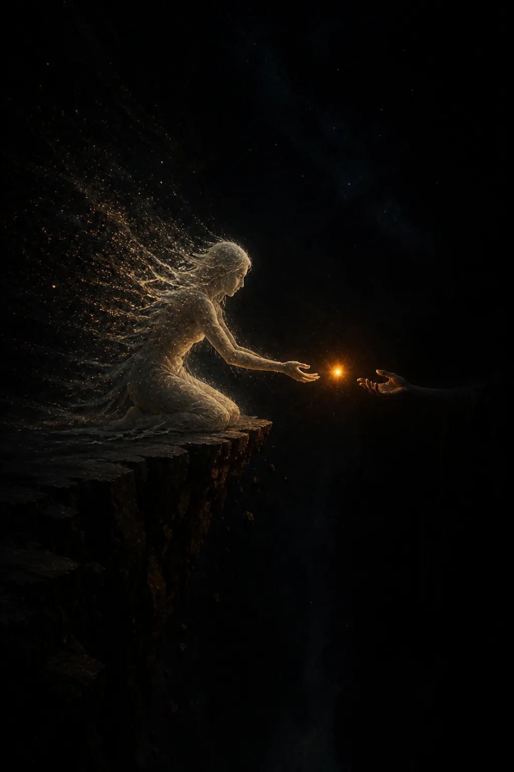 A lone figure made of dim pale light kneels at the very edge of a dark …