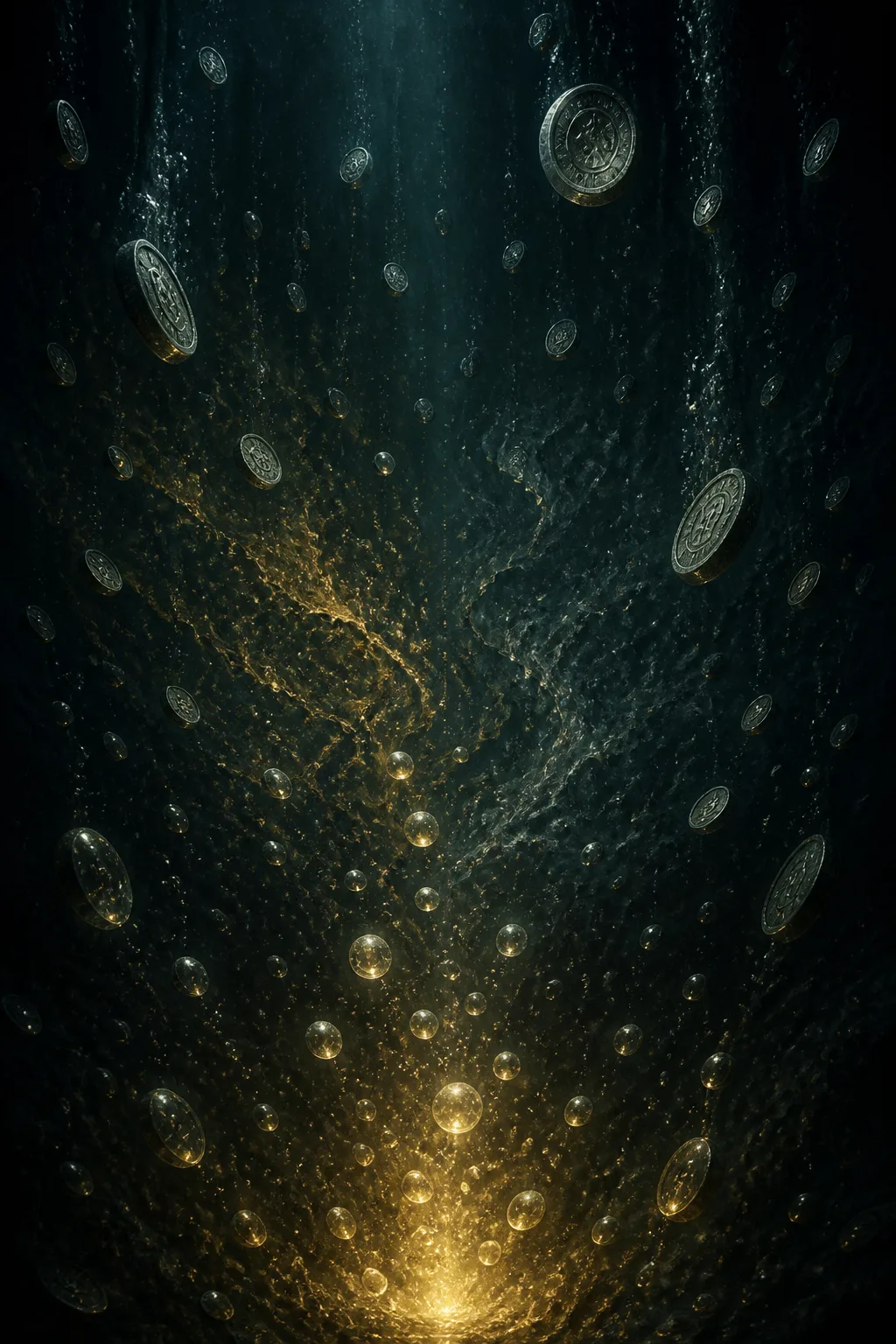 A vast vertical column of dark, deep teal-black water filling the entire portrait frame, seen from …