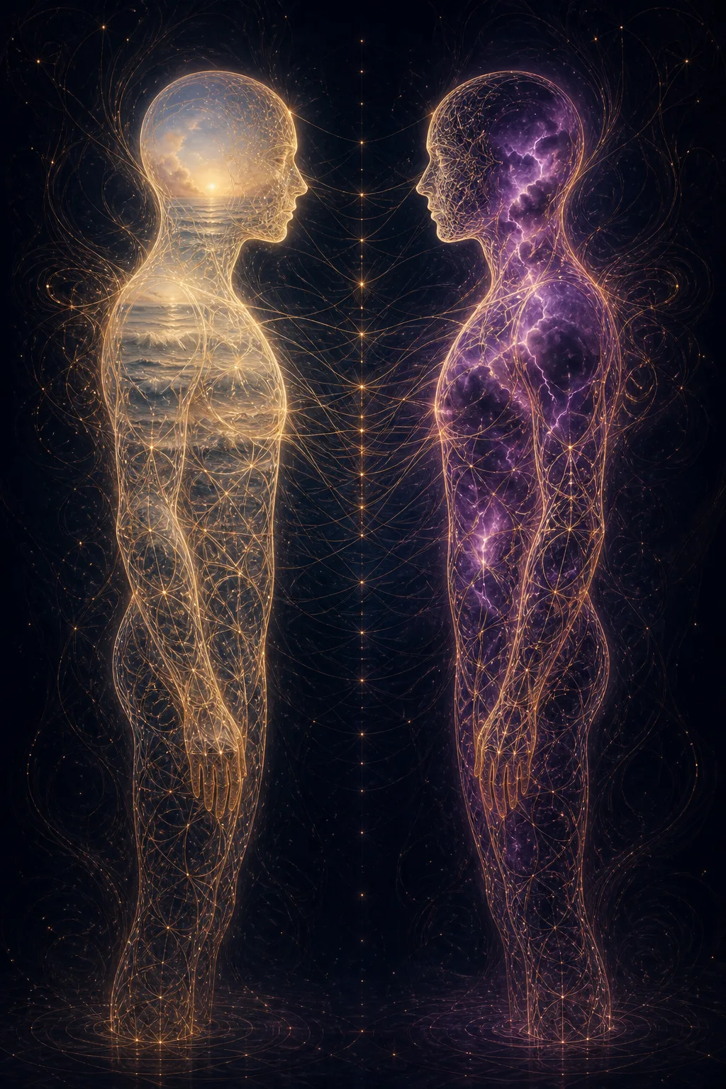 Two humanoid figures facing each other in a vast dark void, portrait orientation, both composed of …