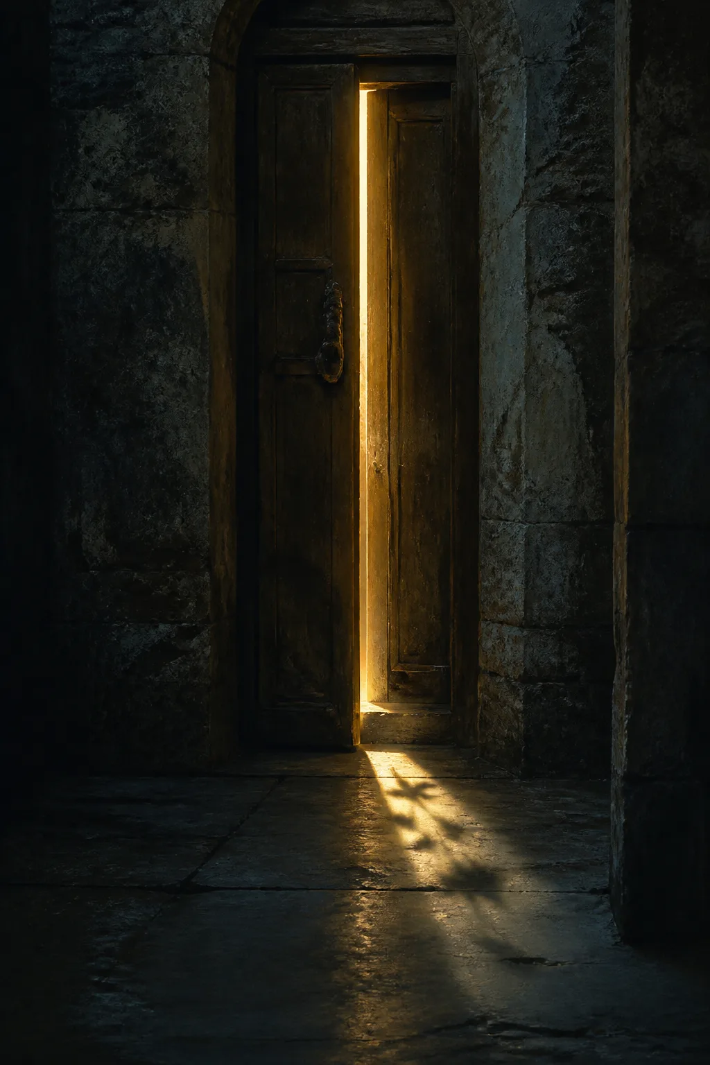 A tall portrait-format painting of a narrow, ancient wooden door in a dark stone corridor, opened …