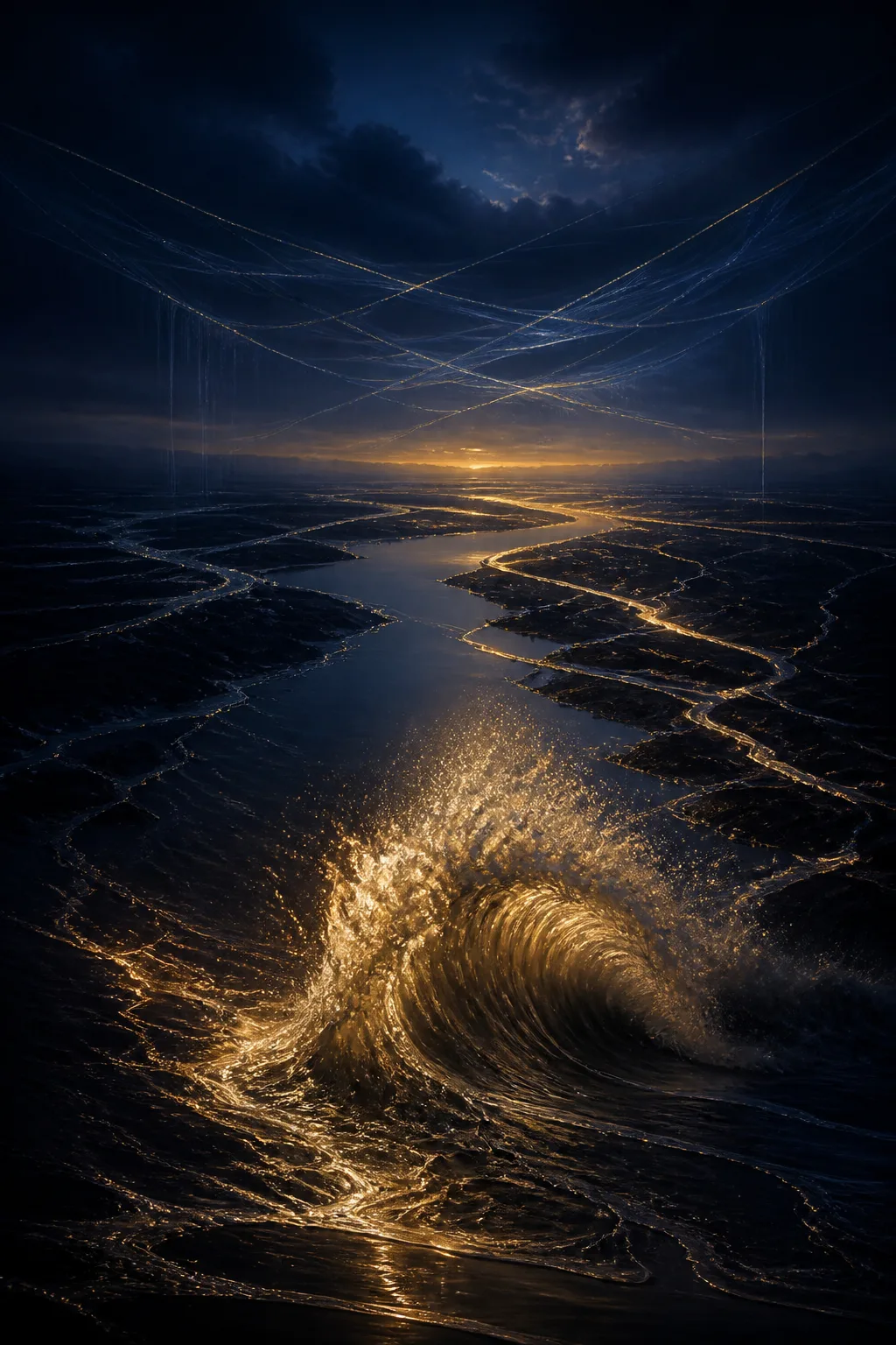 A vast dark floodplain at blue hour, portrait orientation, where a luminous river has just overflowed …