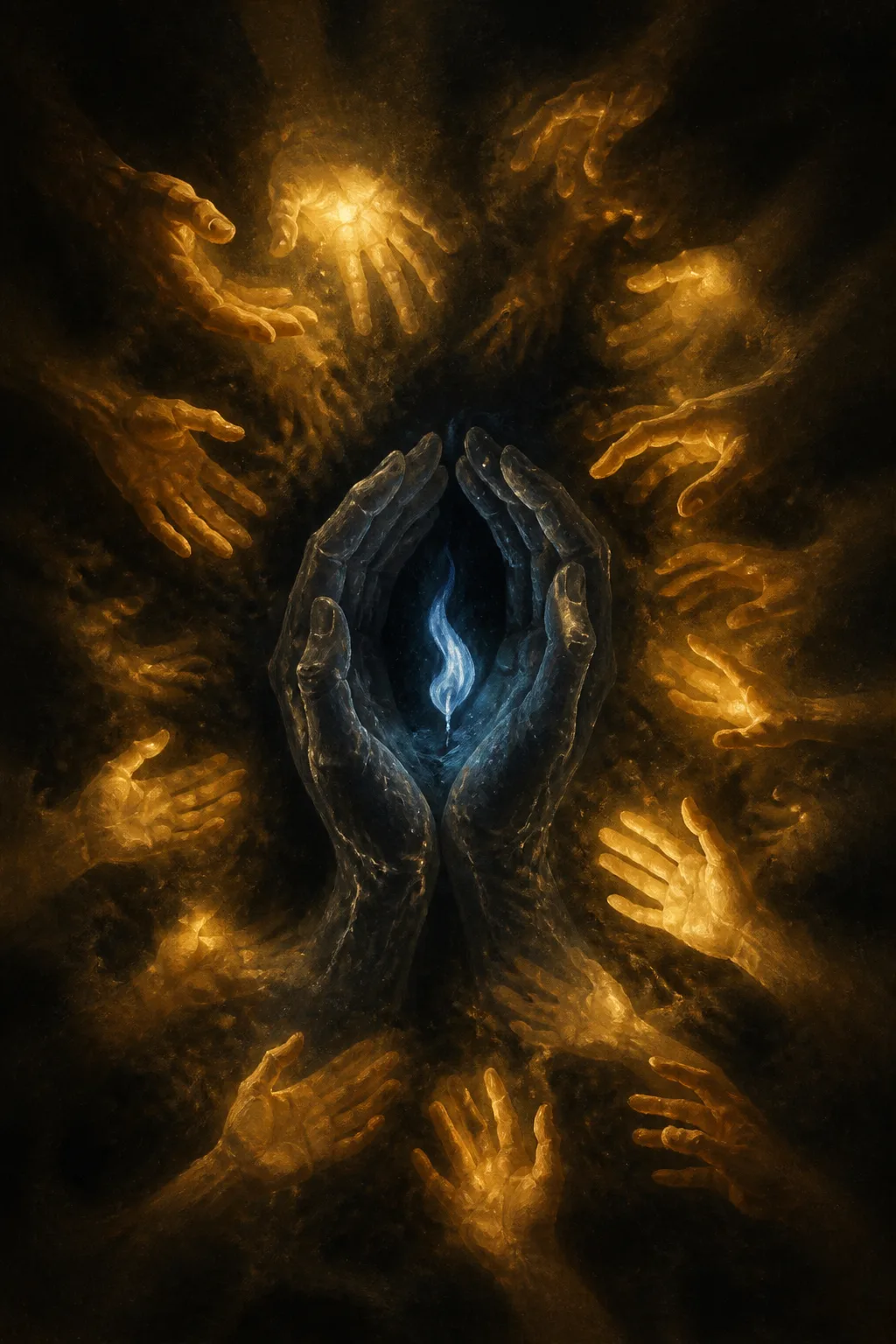 A cinematic portrait-orientation surreal painting: deep charcoal-black hollow space, at center a pair of translucent hands …