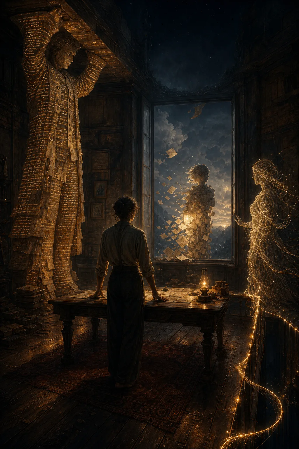 A surreal, cinematic portrait-oriented interior scene: a tall, dimly lit room with no visible ceiling, dark …