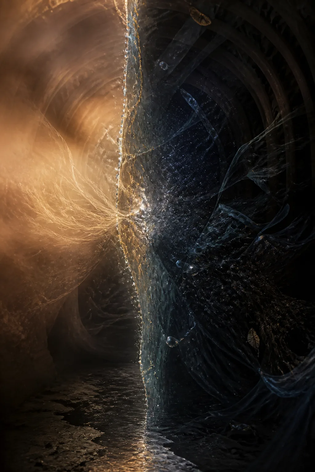 Portrait-format symbolic surreal image, vertical 2:3, intimate chiaroscuro interior: a vast dim chamber inside a body-like …