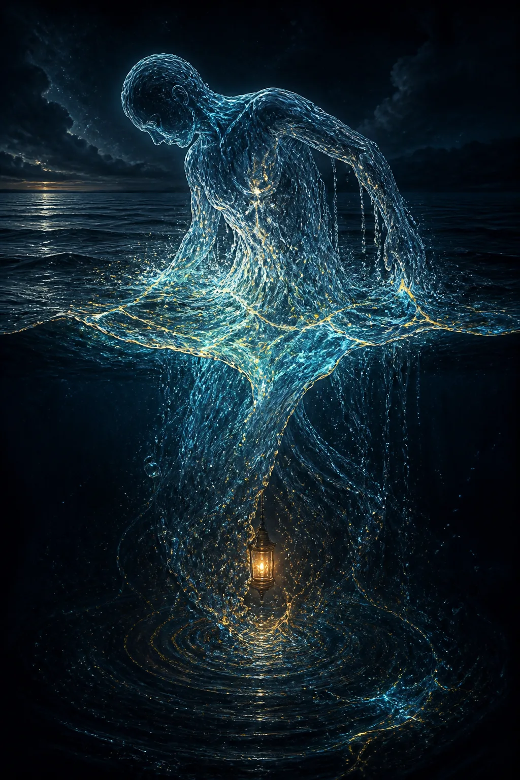 A surreal conceptual portrait in vertical format: a translucent humanoid figure made entirely of clear, luminous …