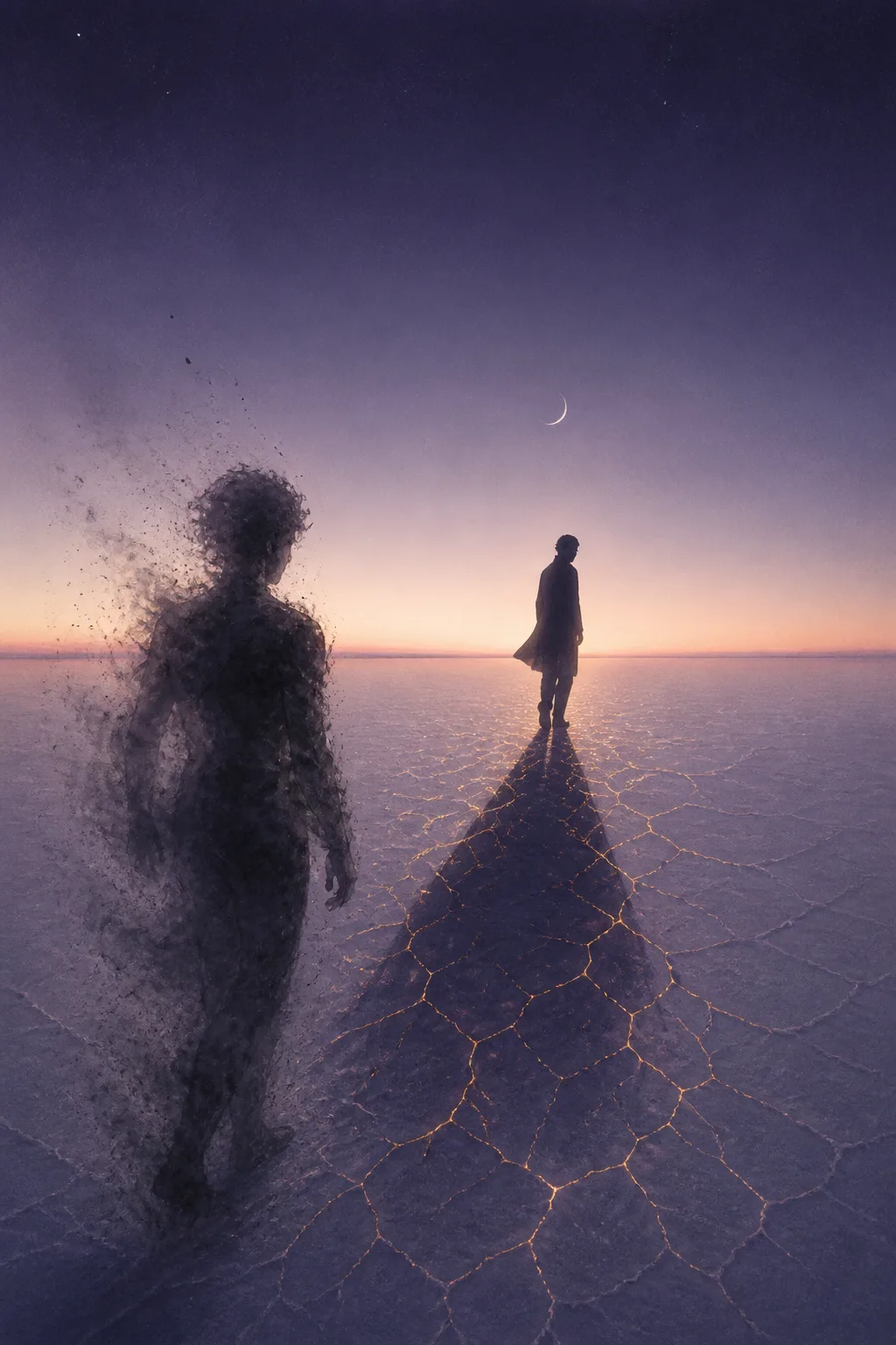 Portrait-oriented surreal scene: a lone figure made of soft, dark smoke walks across an endless white …