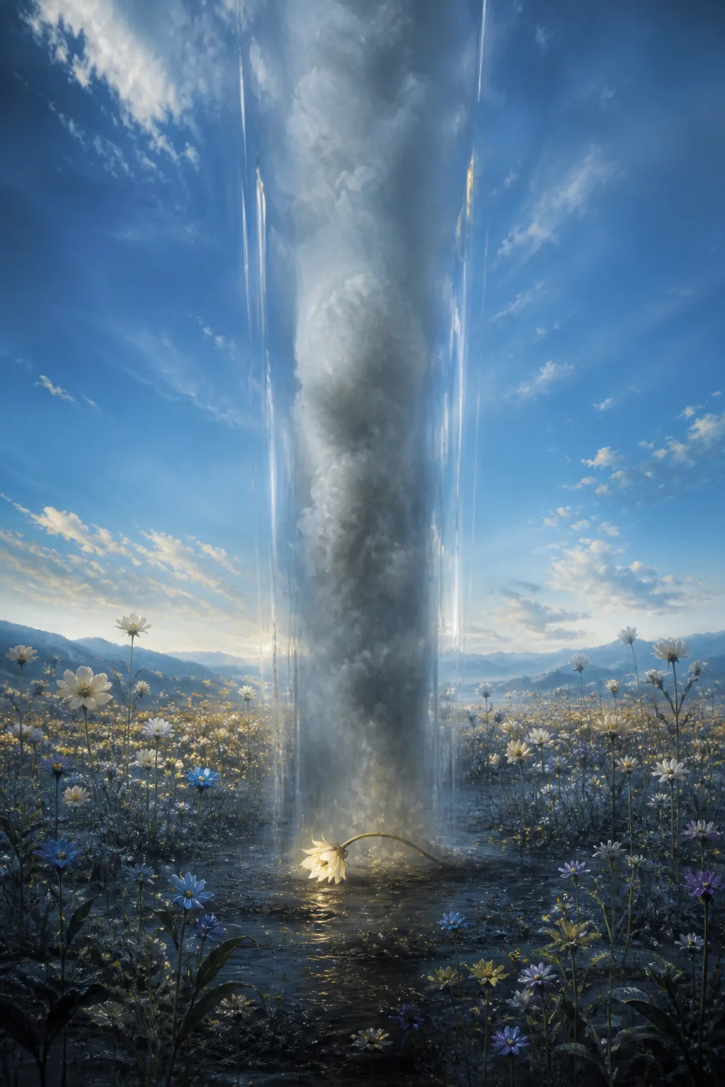 A vast surreal sky landscape in portrait orientation, dominated by serene confident blue atmosphere with soft …