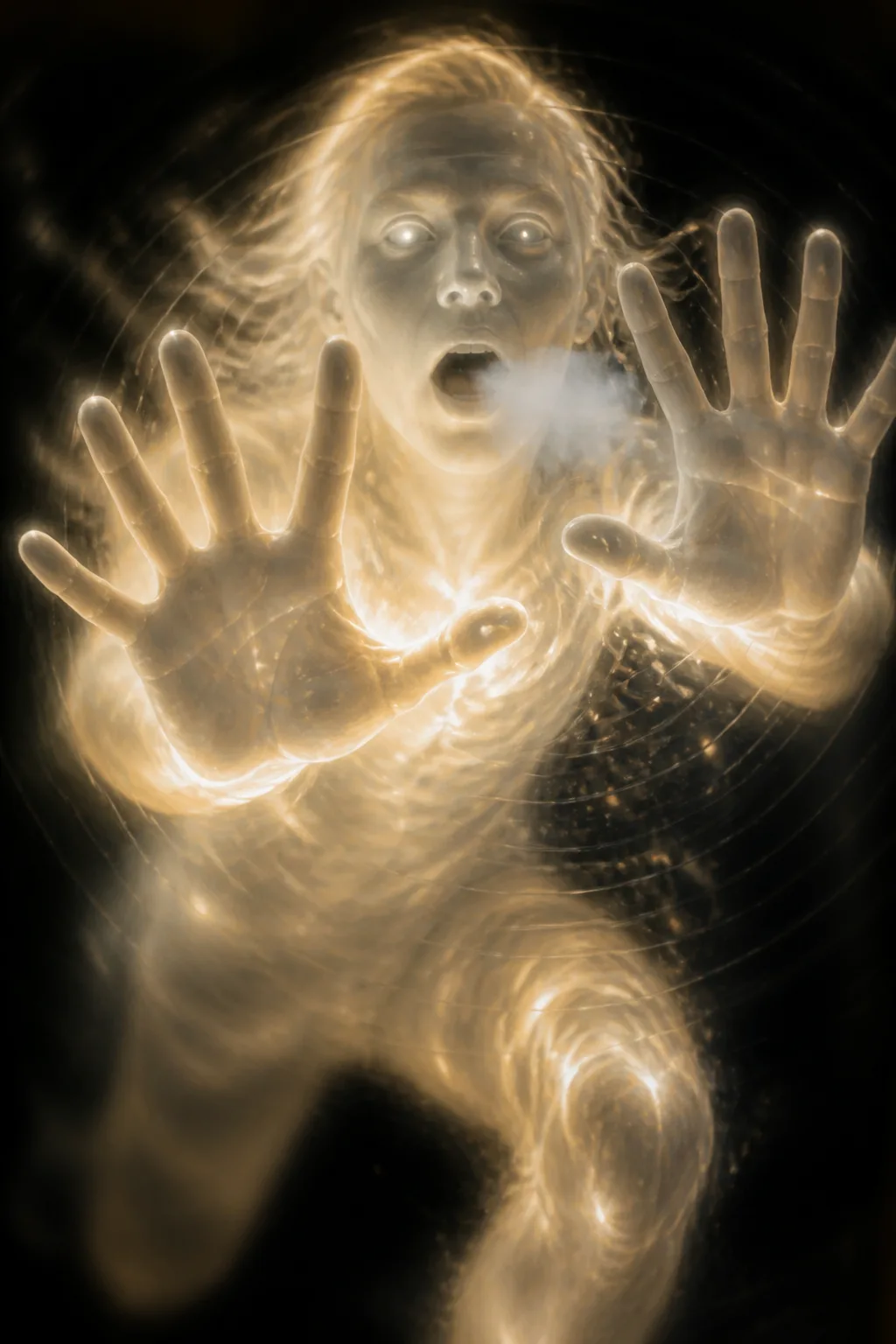 A luminous humanoid figure of pale white-gold light frozen mid-lunge toward the viewer, pressing against an …