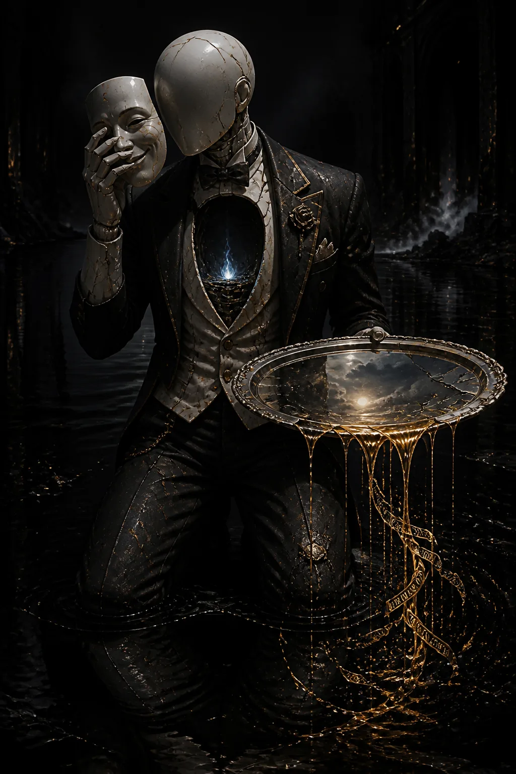 Portrait-format symbolic surrealism, taller than wide: a faceless porcelain automaton in a butler’s coat kneeling in …