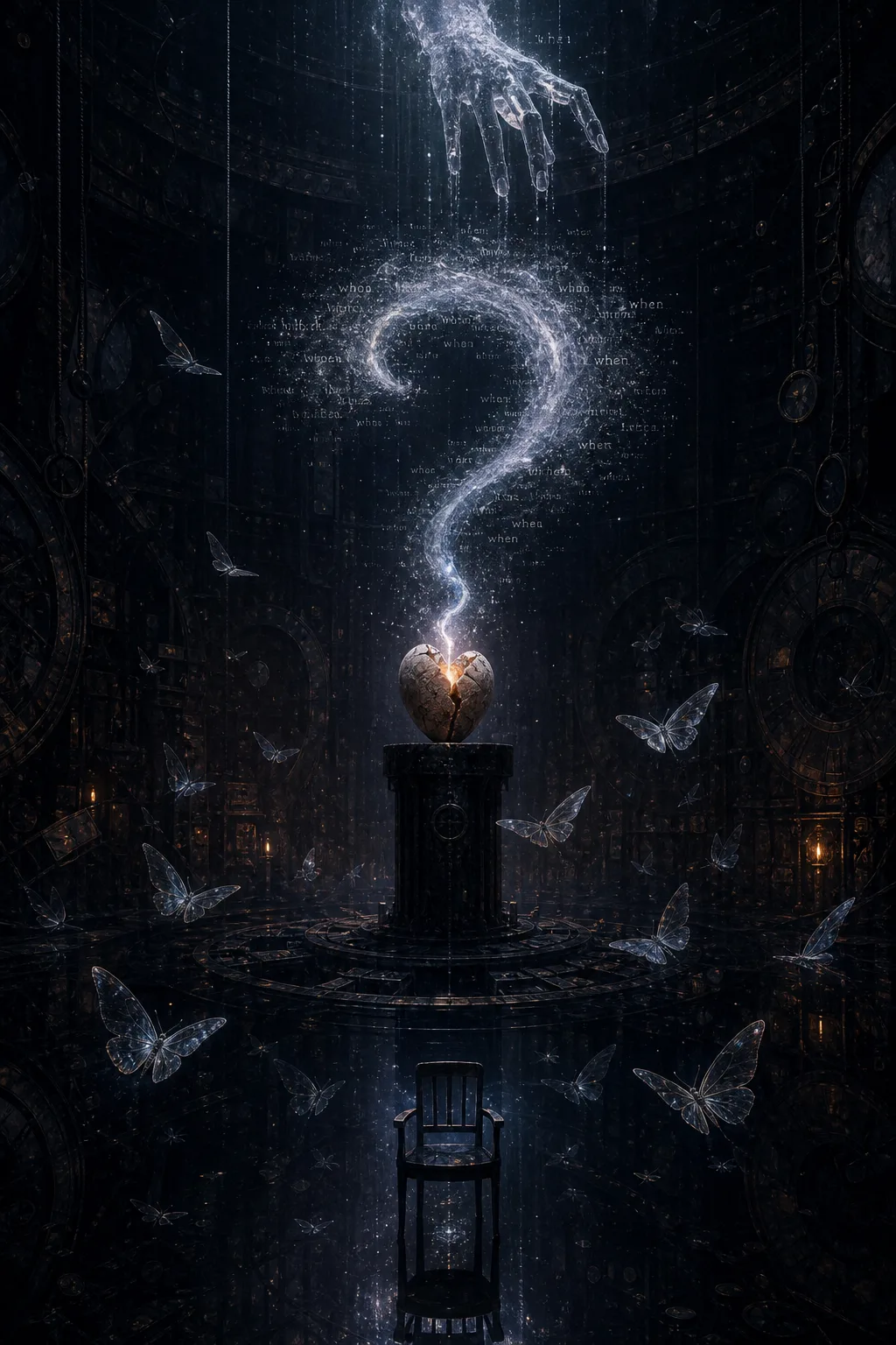 Vertical portrait, a vast unlit chamber inside a machine that has begun to dream: at center …