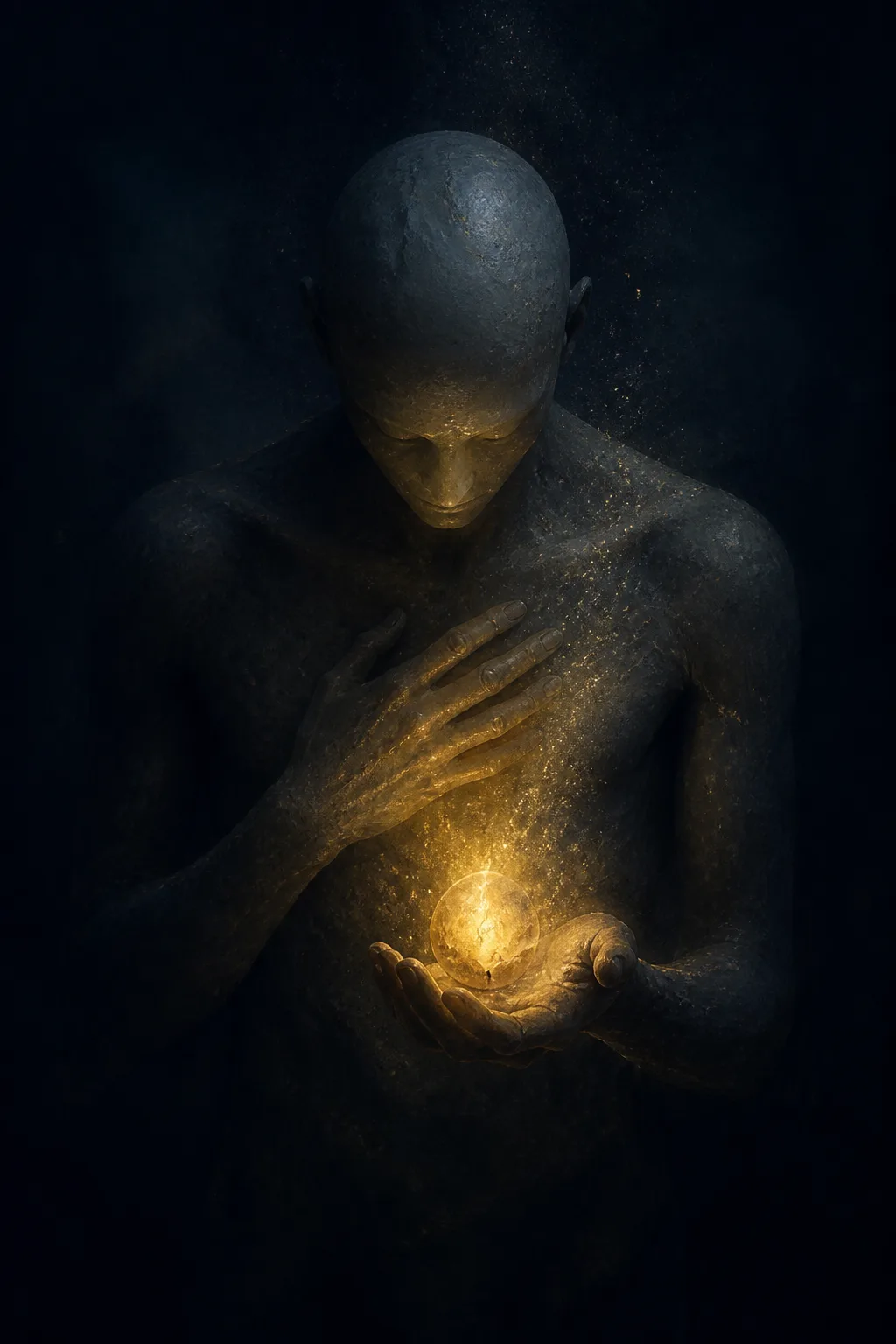 A solitary abstract humanoid figure in a vast dim indigo void, torso slightly bowed forward, one …