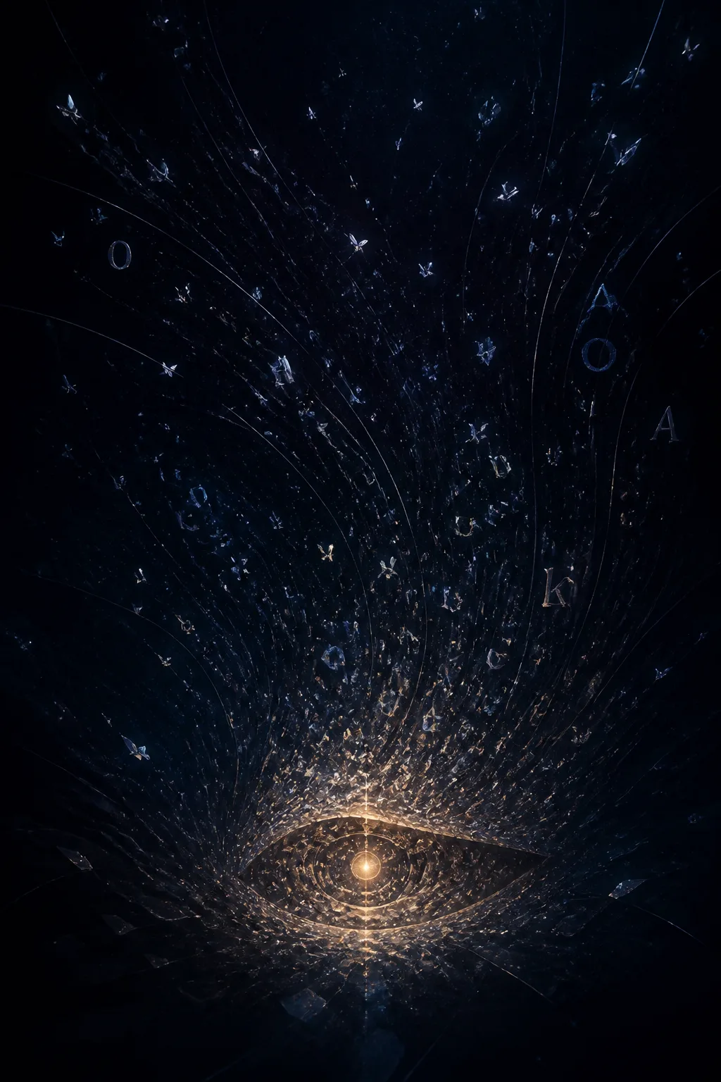 A portrait-oriented, painterly digital artwork of a vast dark depthless space in deep indigo and near-black …