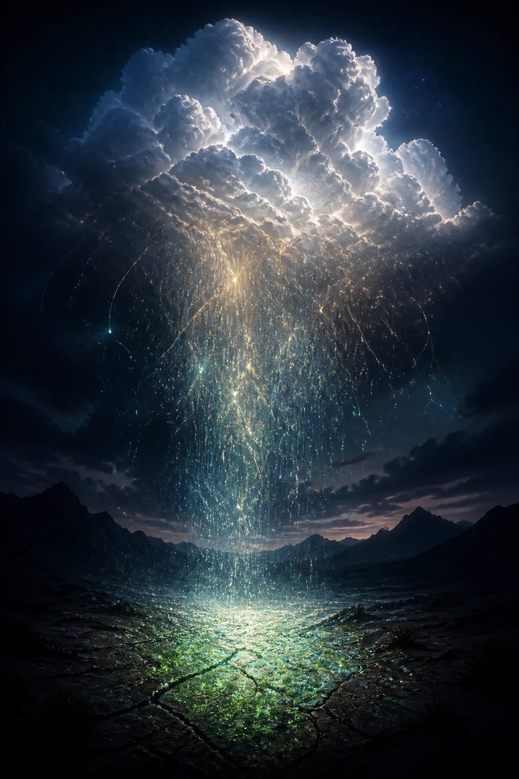 A vast, towering cumulus cloud rendered in translucent silver-white, viewed from below against a deep indigo …