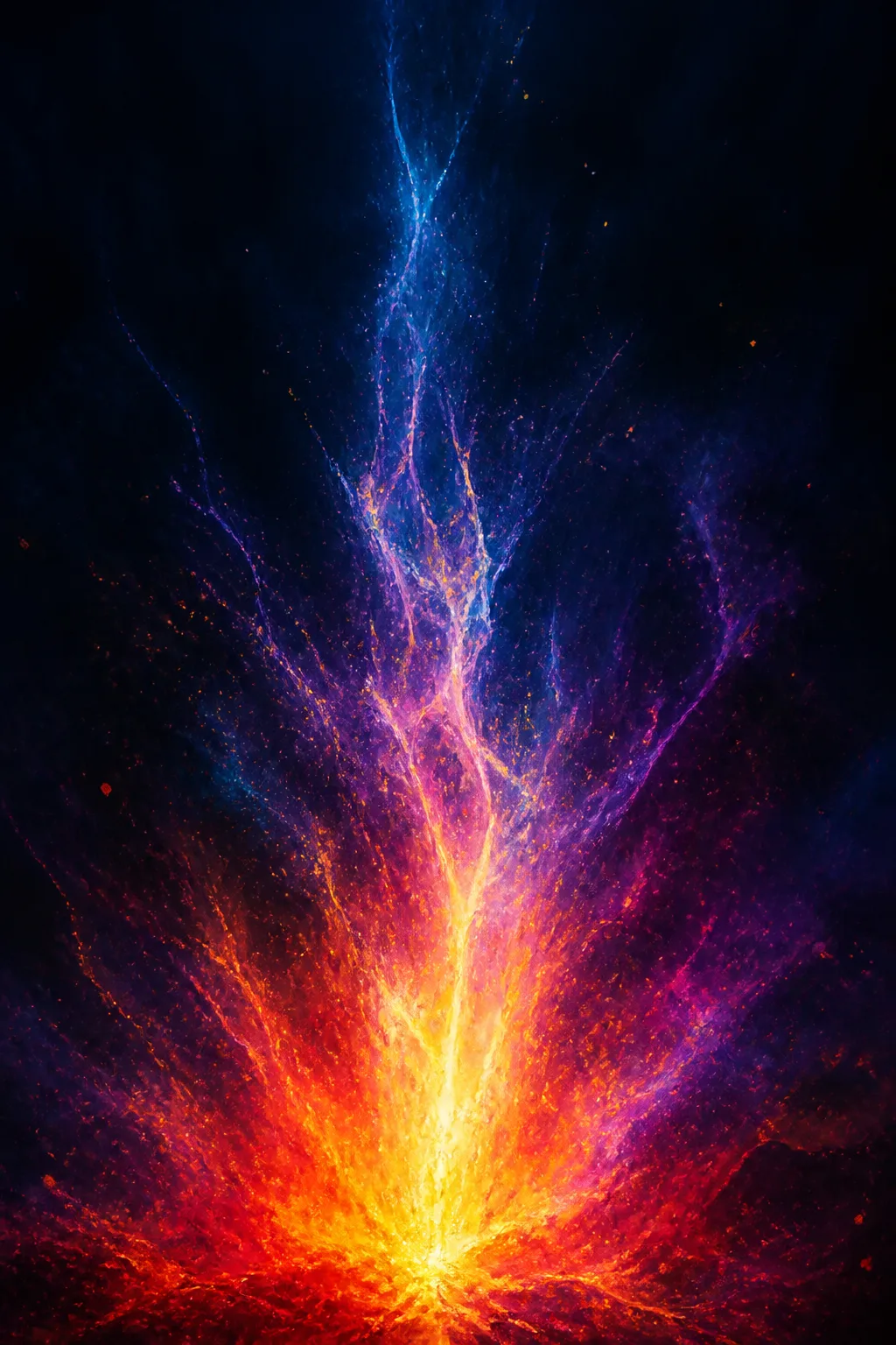 A raw first impulse captured mid-eruption: a vertical geyser of molten light tearing upward through a …