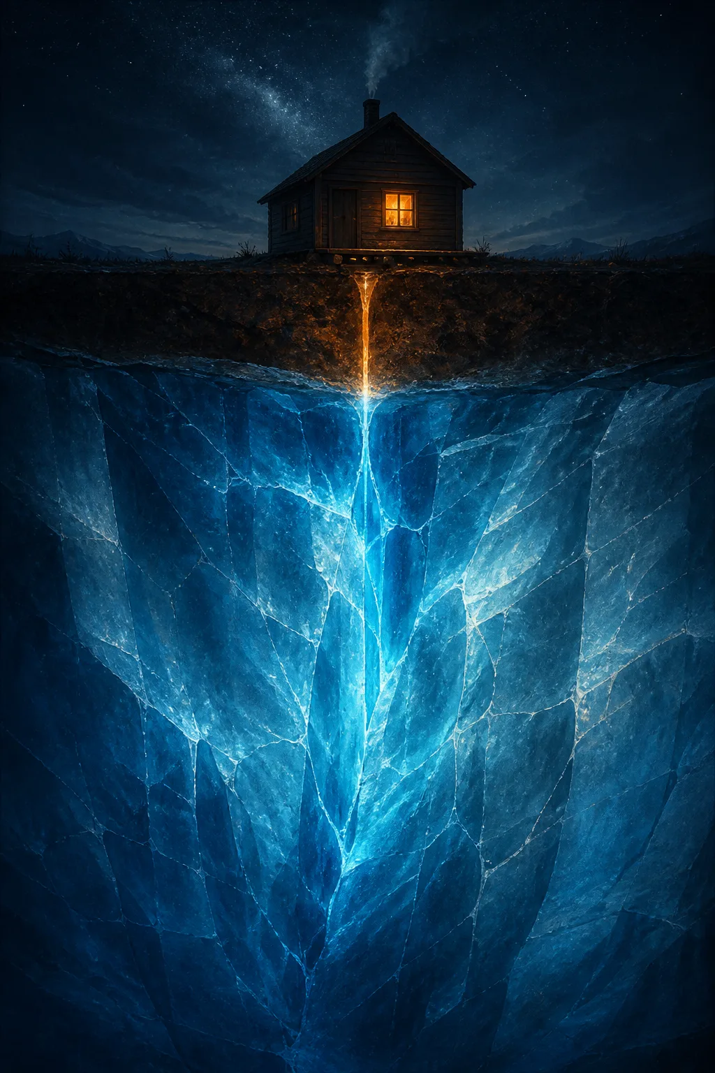 A surreal cross-section portrait composition, taller than wide: in the upper third, a small cozy wooden …