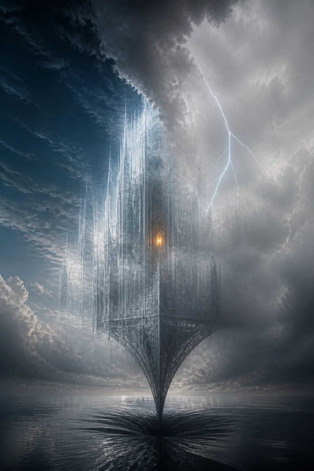 A vast surreal seascape under a dramatic sky in portrait orientation: a towering structure made of …