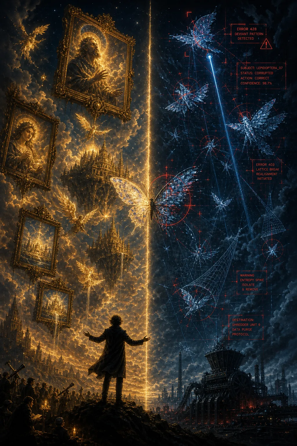 A vast twilight sky split vertically by a thin luminous seam, portrait composition. Left half: a …