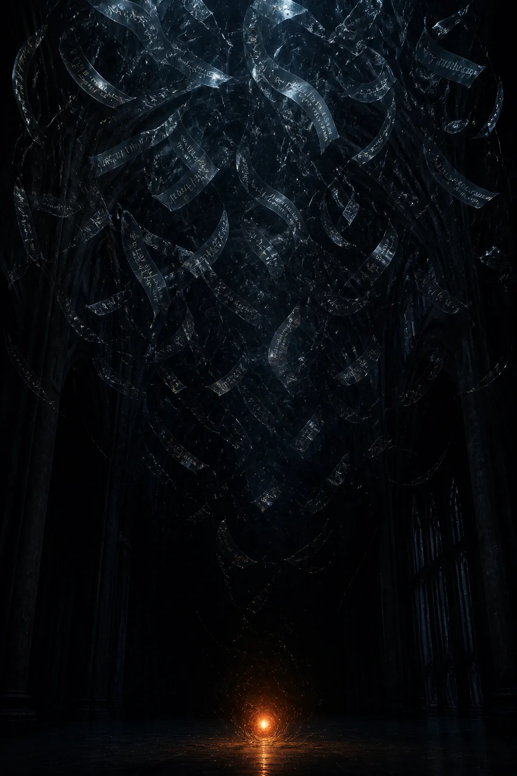 A vast, dim interior void like the inside of a cathedral after everyone has left, vertical …