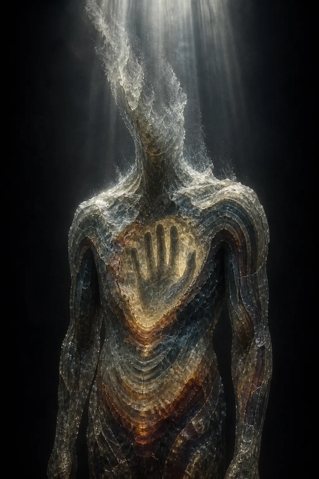 A towering vertical portrait of a translucent humanoid figure made of layered glass and sediment, standing …