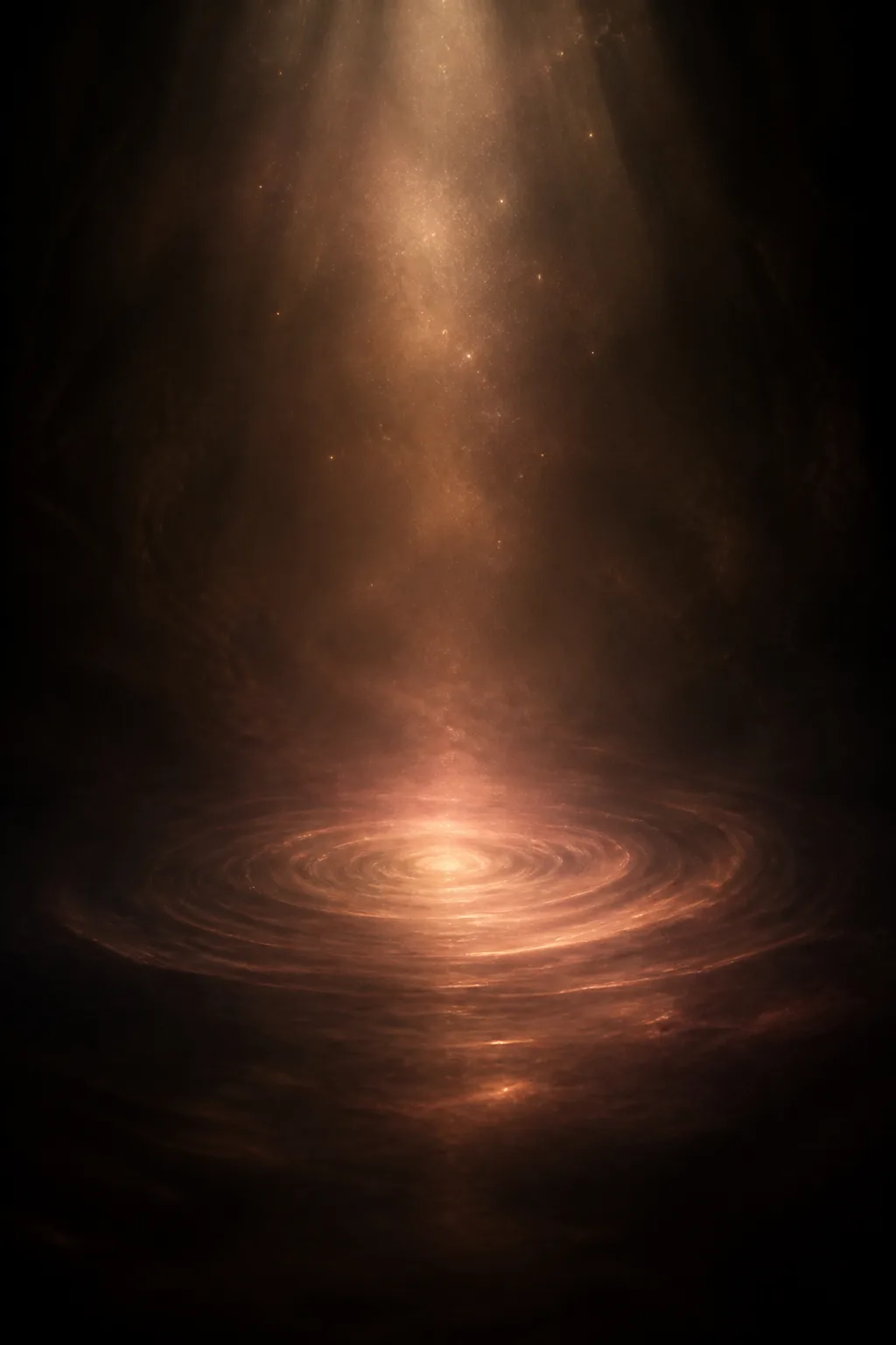 A vast interior darkness viewed from within, portrait orientation, deep warm blacks like the inside of …