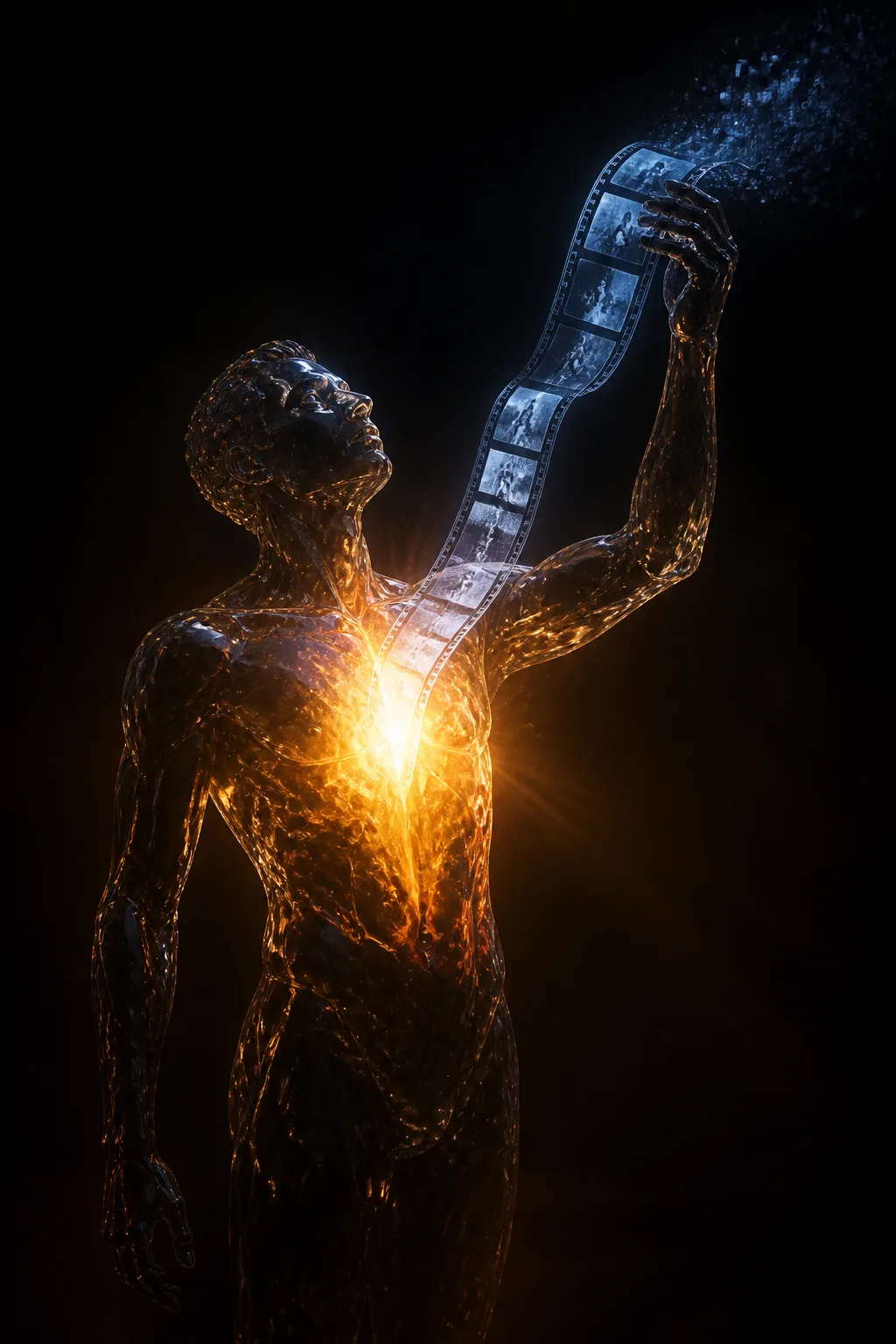 A solitary translucent figure made of dark glass stands in an endless black void, holding aloft …