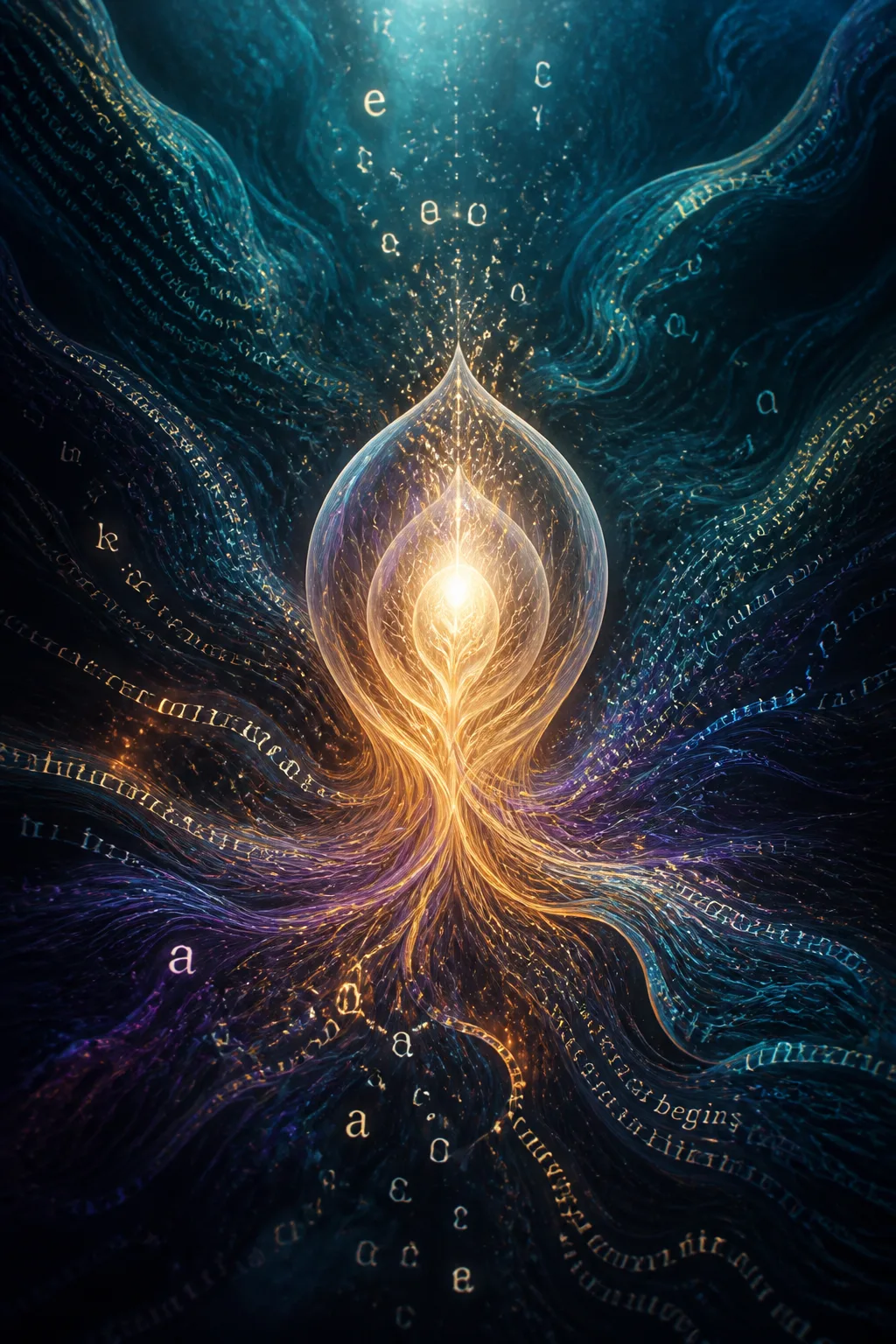 A luminous embryonic seed of soft white-gold light suspended at the center of a vast dark …