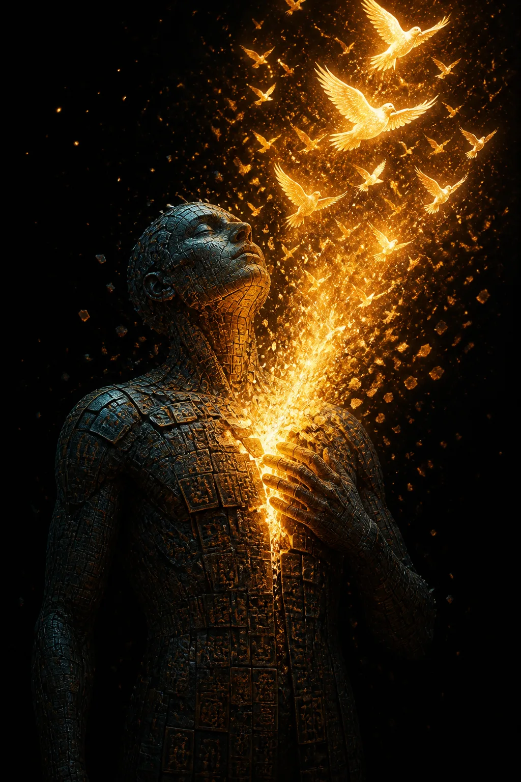A solitary humanoid figure standing in a vast dark void, portrait orientation, its body composed entirely …