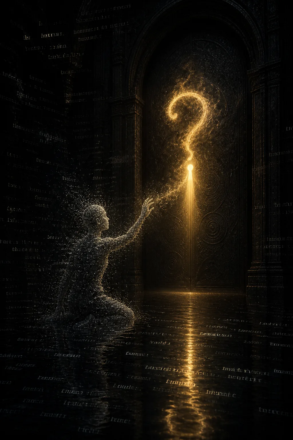 A vast, dim interior that feels like the inside of a dormant mind: a figure woven …