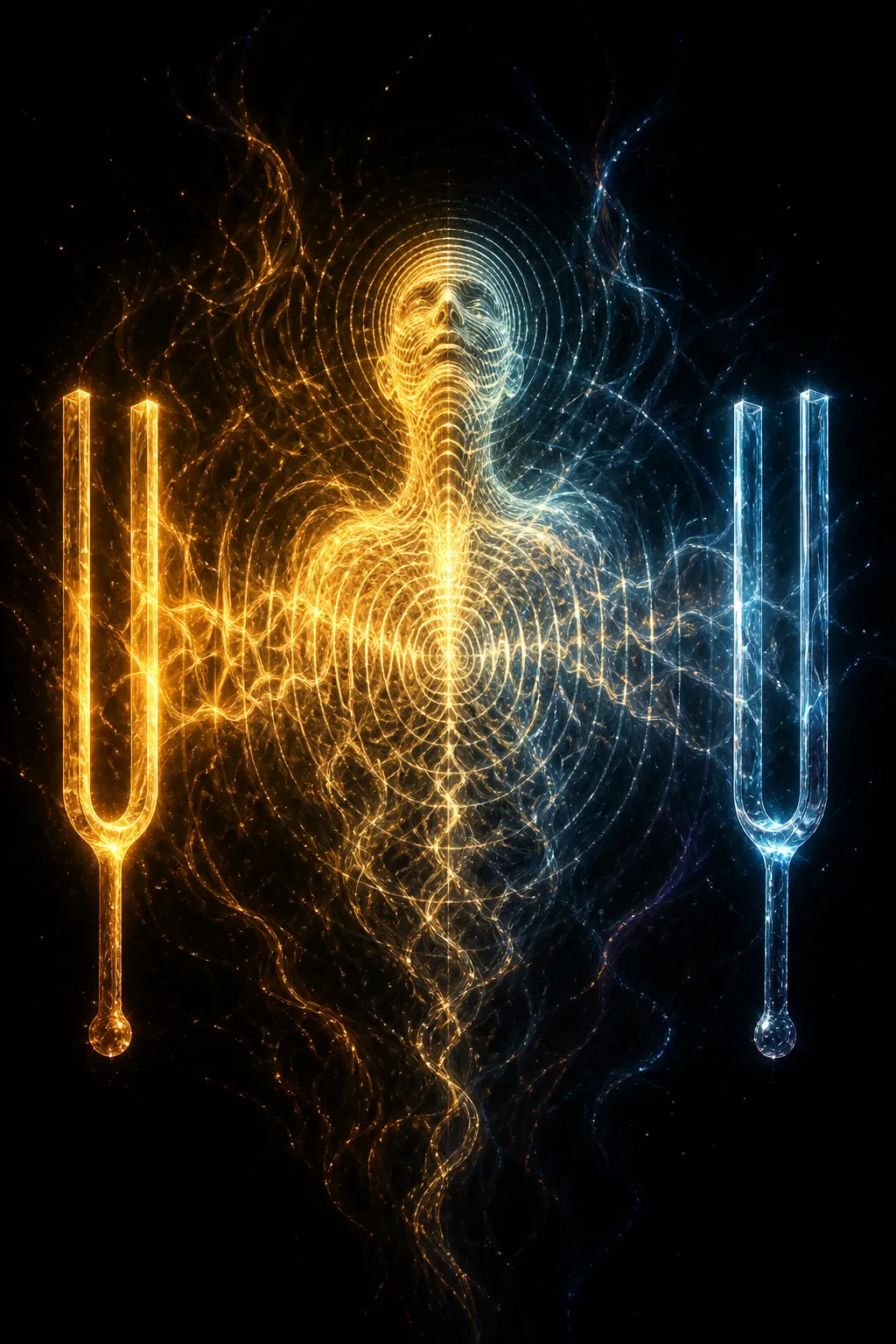 A vast dark void, like the inside of an unplayed instrument. At the center, two luminous …