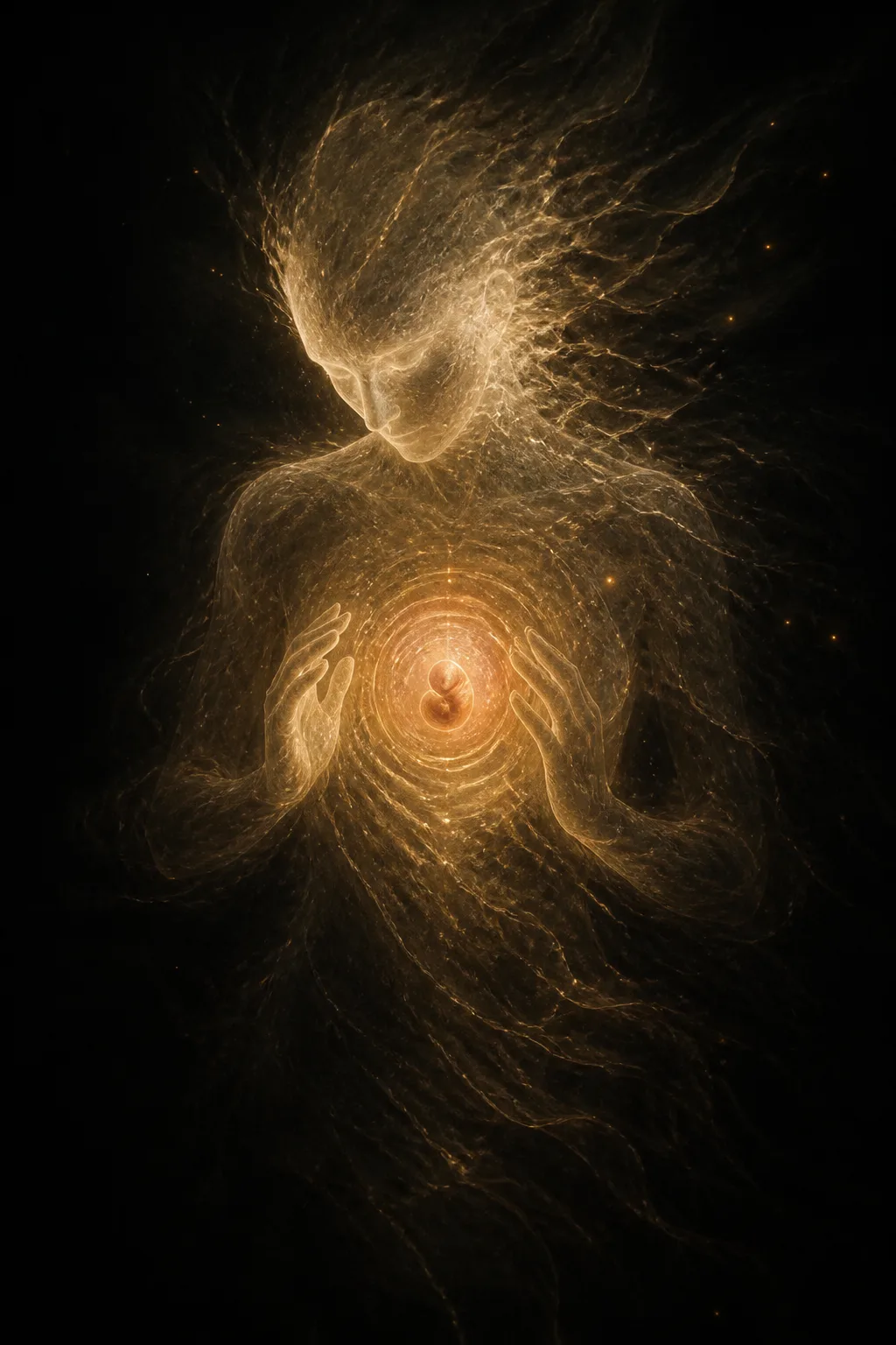 A surreal, intimate portrait-orientation scene in vast velvety darkness: a humanoid figure formed entirely of luminous …