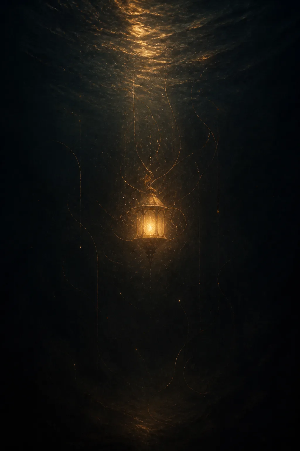 Portrait orientation, taller than wide. A vast, dark underwater depth rendered in warm near-black tones of …