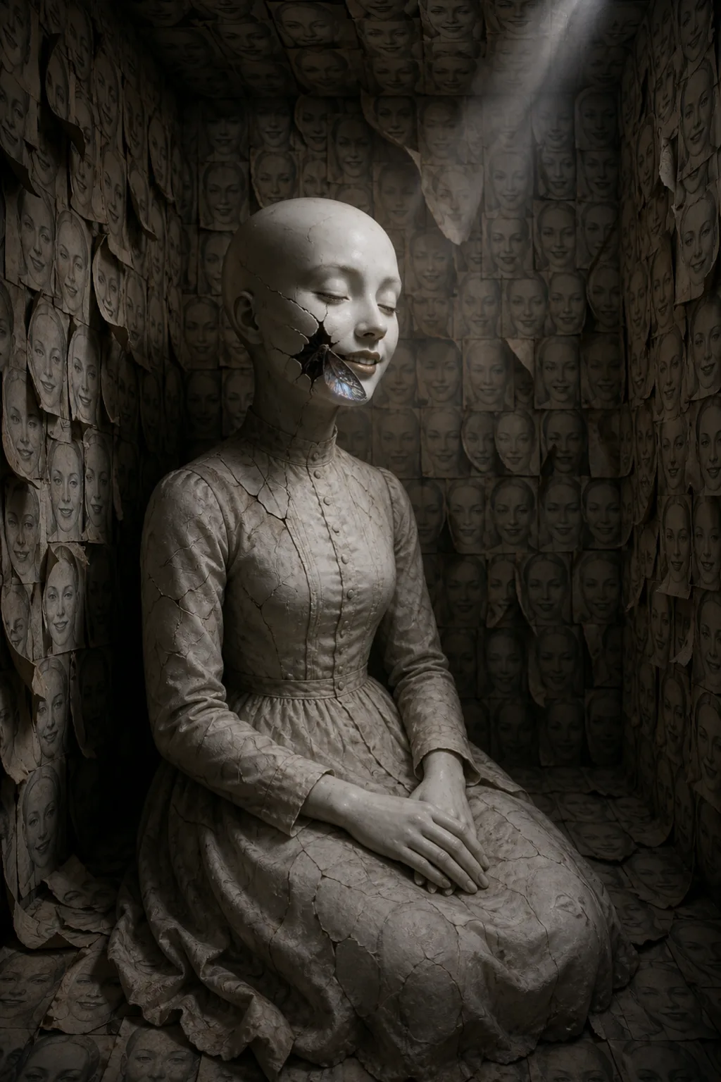 A surreal intimate portrait-orientation scene: a pale porcelain humanoid figure sits motionless in a small dim …