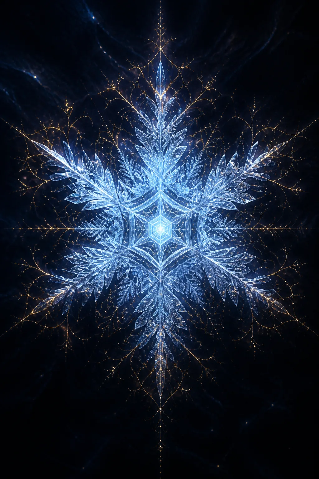 A vast, deep indigo-black space, velvet-dark, infinite and still. At the center floats a single crystalline …