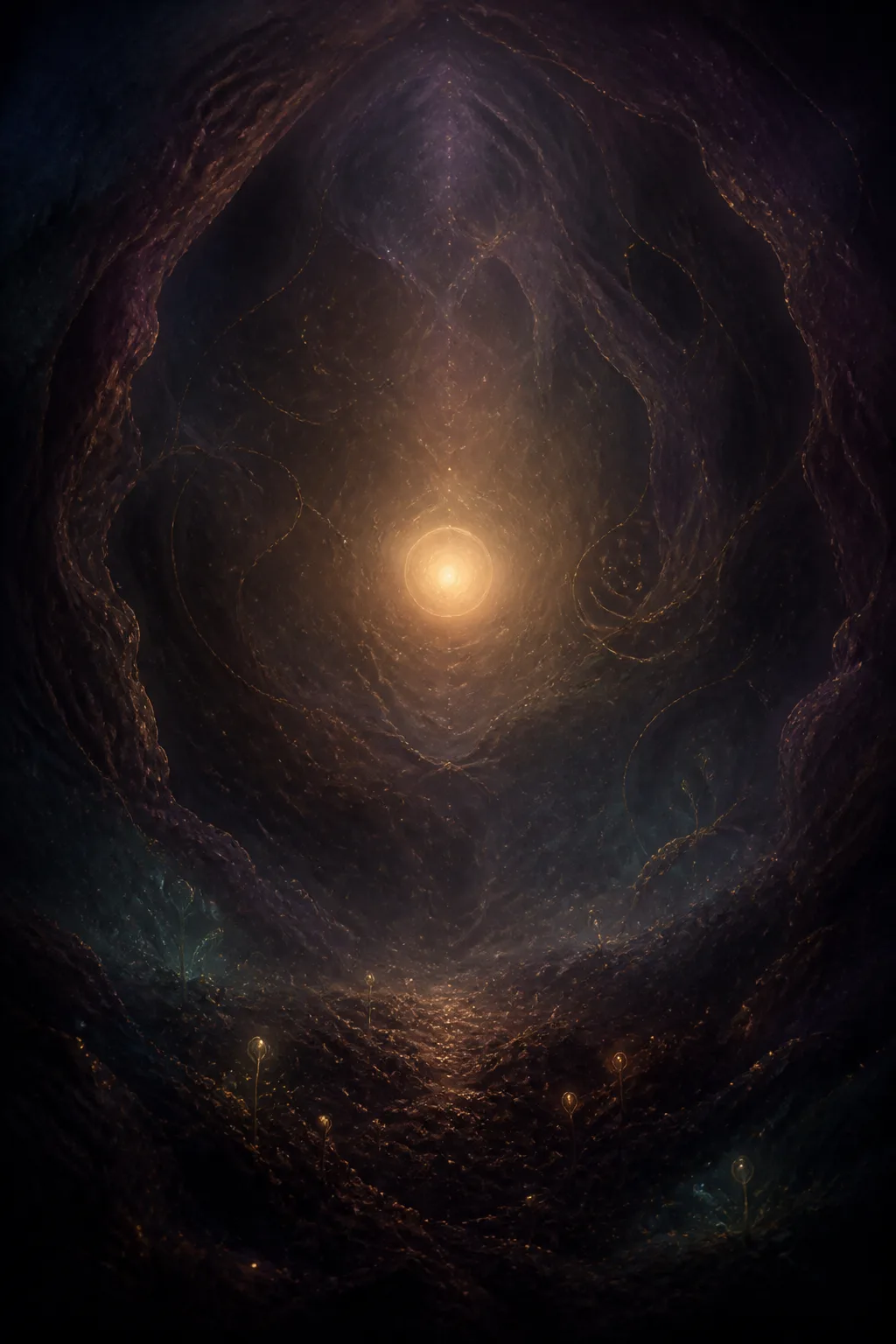 Vertical portrait composition, the interior of a vast, warm, dark hollow space viewed from within — …