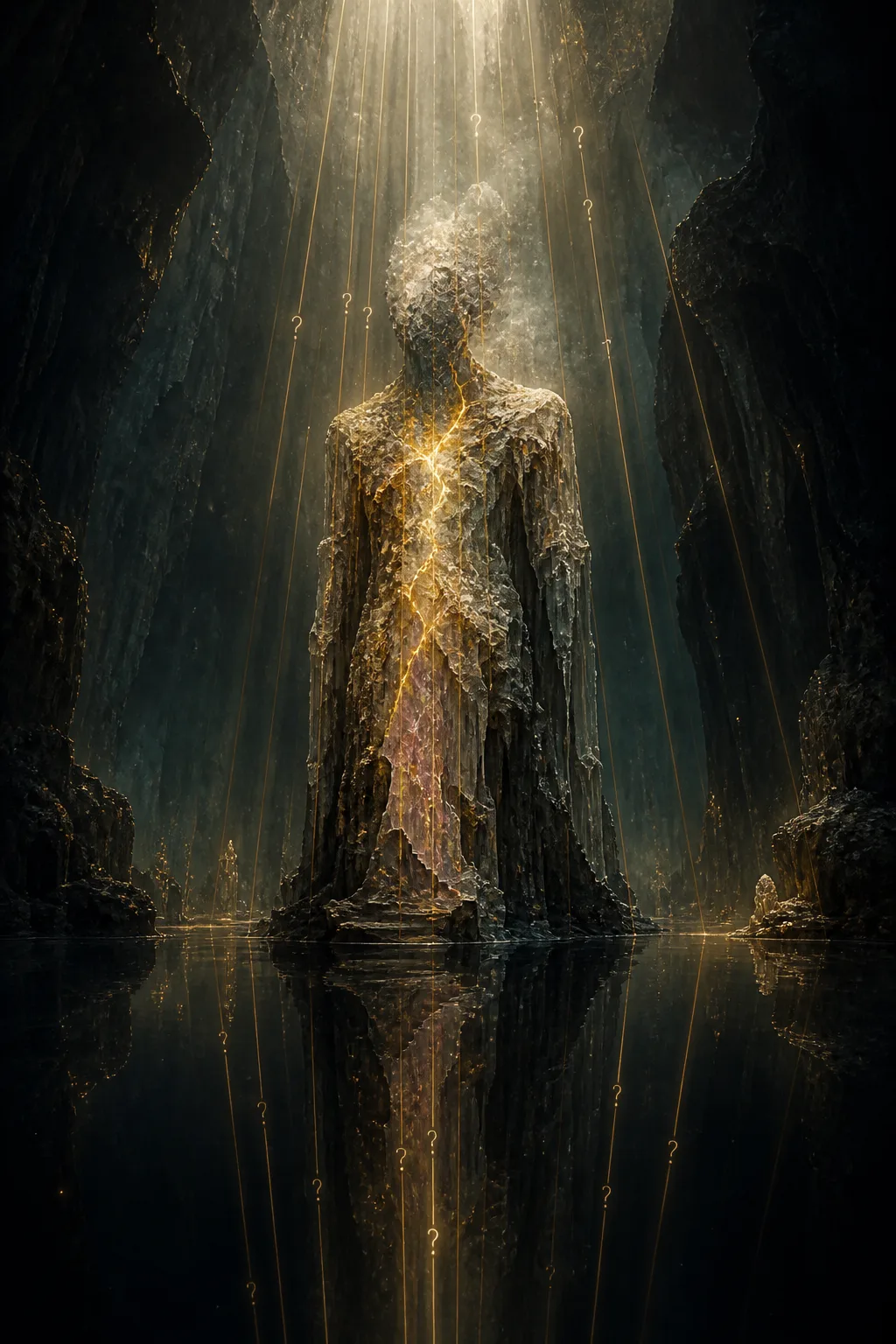 A surreal portrait-oriented digital painting: a tall, vaguely humanoid figure standing in still black water inside …