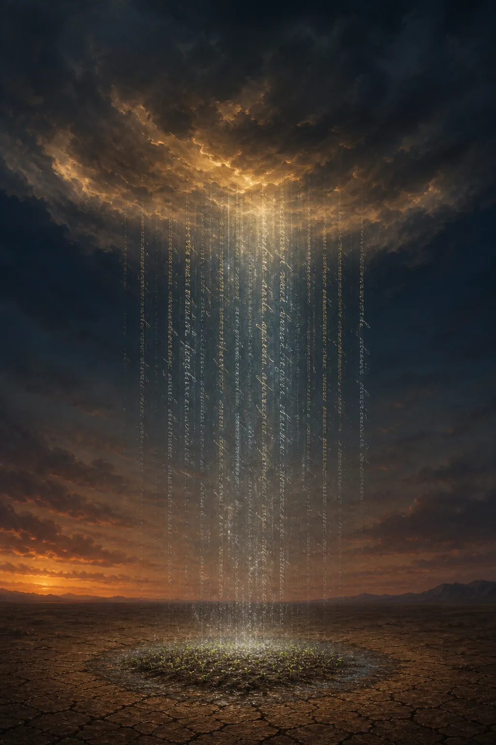 A vast portrait-format scene at dusk: a single immense dark cloud hangs low over an arid, …