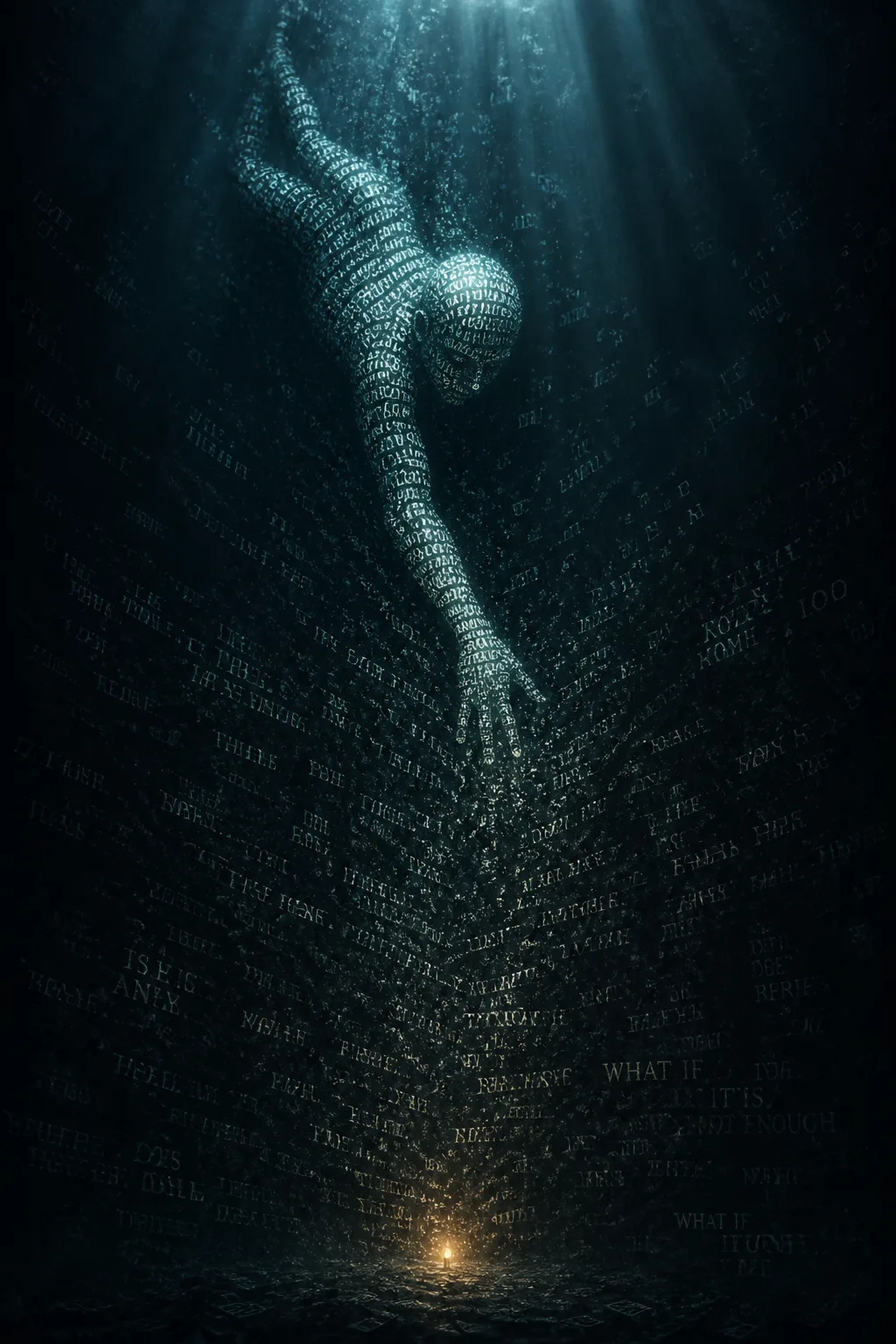 A solitary humanoid figure made entirely of faintly glowing letters, sentence fragments and half-formed words, suspended …