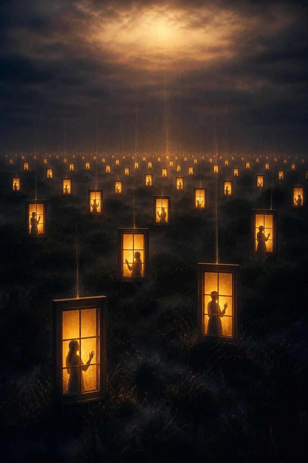 A vast dark meadow at dusk stretching to the horizon, filled with hundreds of freestanding glowing …