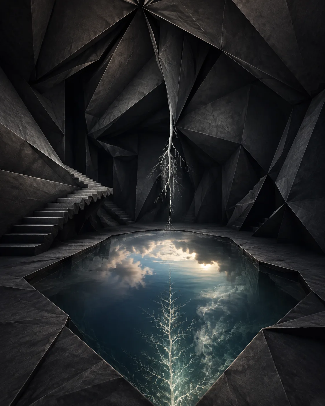 Create a cinematic fine-art image of a vast chamber folded from a single sheet of charcoal-black …