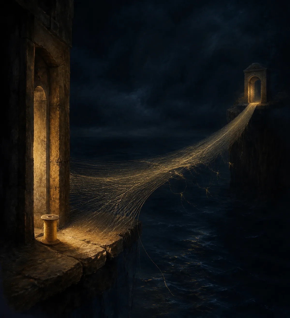 Create a contemplative surrealist painting of two distant doorways joined by a bridge woven from thousands …