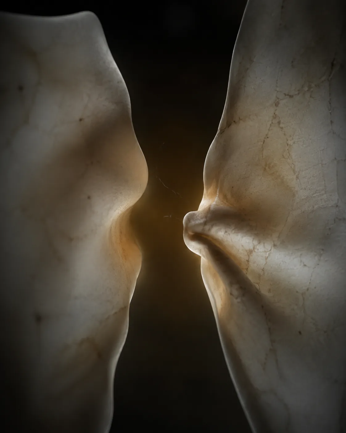 Two thin sheets of translucent porcelain suspended a breath apart in a vast charcoal darkness. Their …