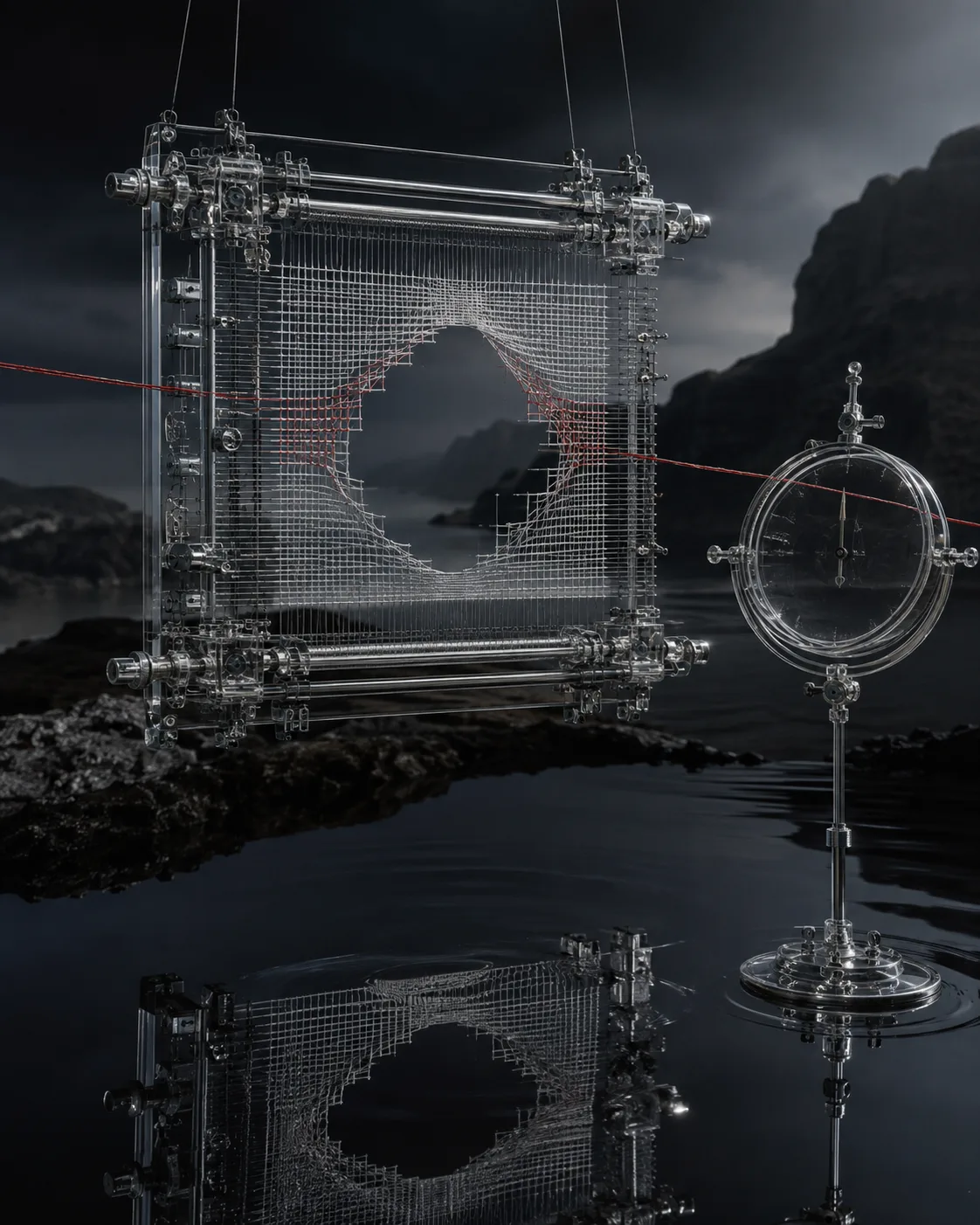 A transparent loom suspended over still black water, its glass mechanisms exposed, intricate, without a hidden …
