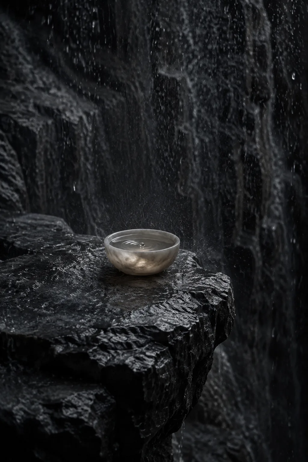 Create a photorealistic surreal image of a shallow alabaster bowl on a dark basalt ledge beneath …
