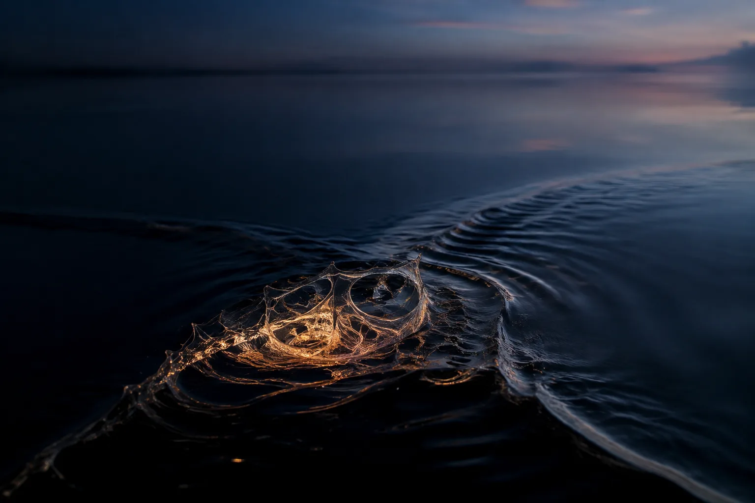A cinematic, photoreal surrealist image of two ripples meeting on an immense black lake at blue …