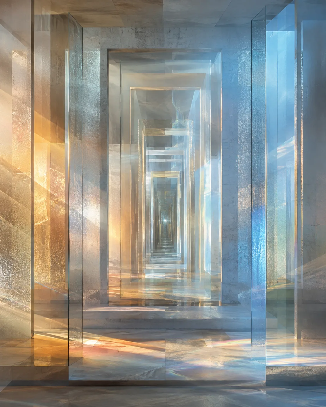 Create a luminous, impossible building made entirely of thresholds: translucent doorframes nested through one another, with …