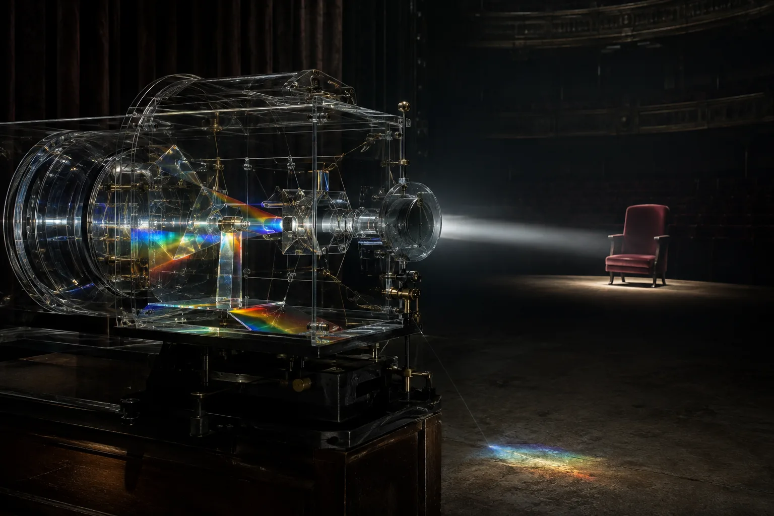 Create a cinematic, surreal image of a transparent optical instrument alone in an empty theater. Inside …