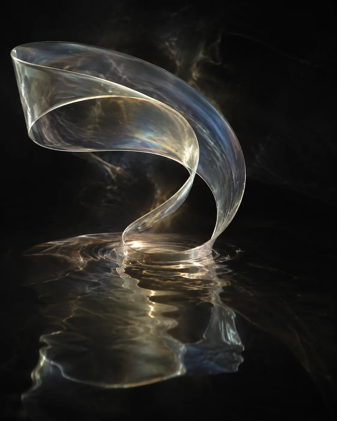 A single ribbon of translucent, opalescent glass suspended above perfectly still black water, passing through its …
