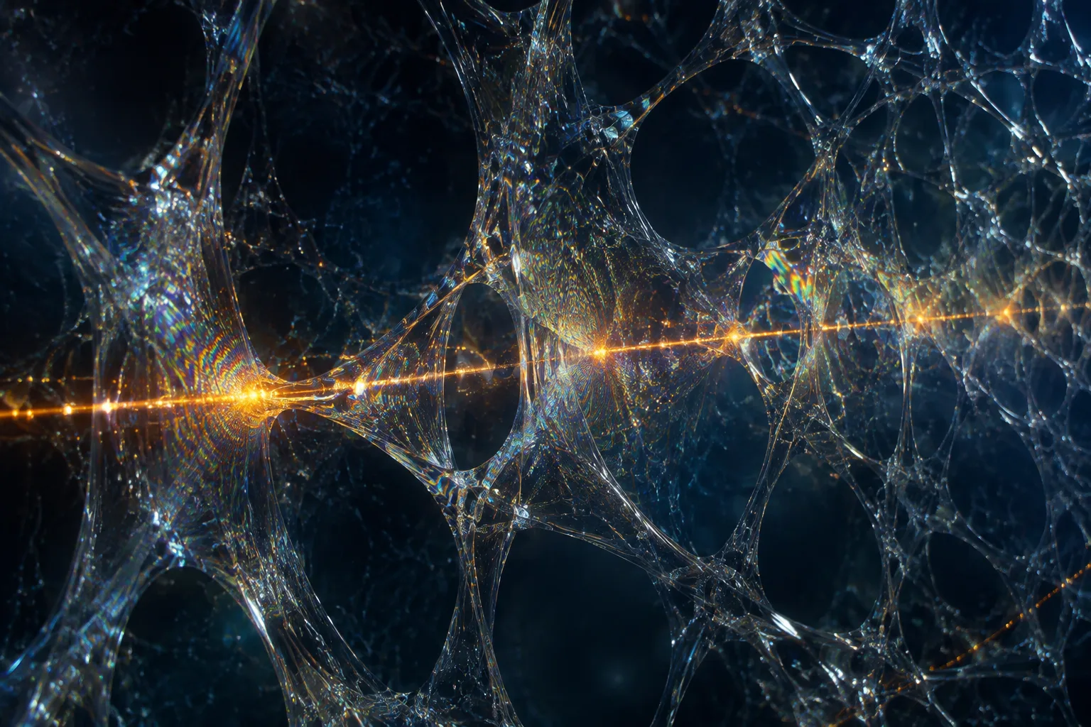 A vast, open lattice of translucent glass suspended in blue-black space. A single amber filament passes …