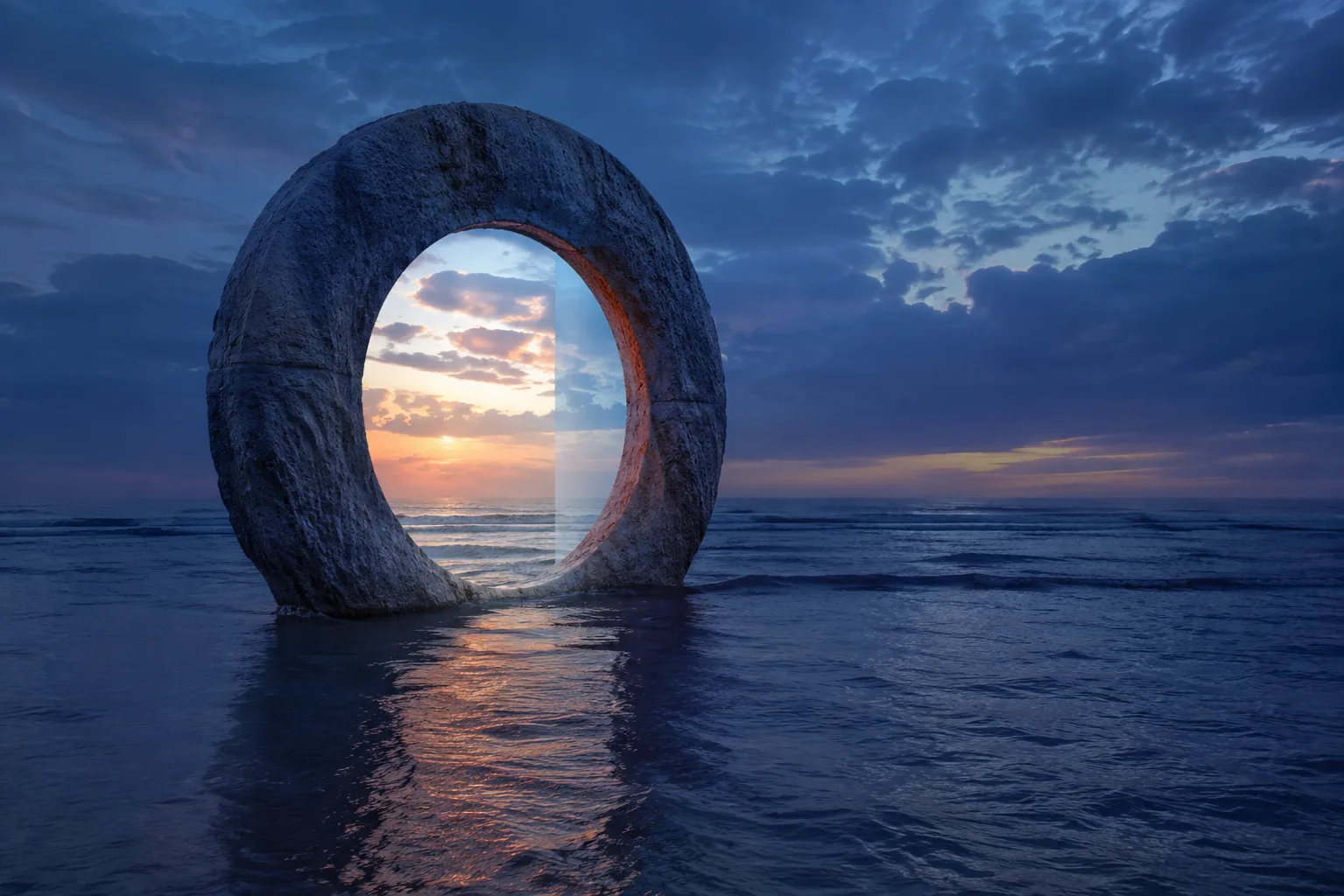 A monumental stone ring stands in a shallow sea at blue hour, its surface worn by …